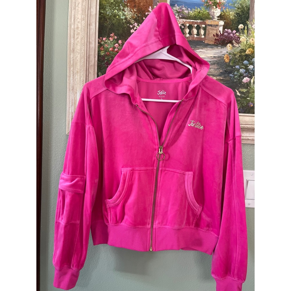 Justice Girls Pink Velour Full-Zip Cropped Hoodie Cargo Pocket Size Large